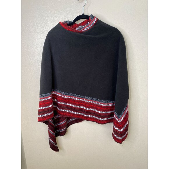Le Moda Black Poncho With Red & Gray Knit Trim Asymmetrical Style One Size - Picture 2 of 8